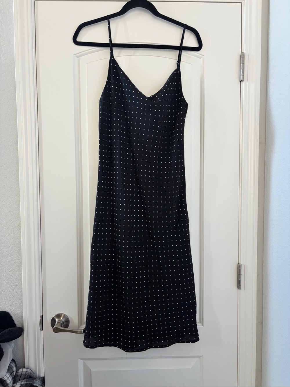 Black Polka Dot Midi Slip Dress with Spaghetti Straps